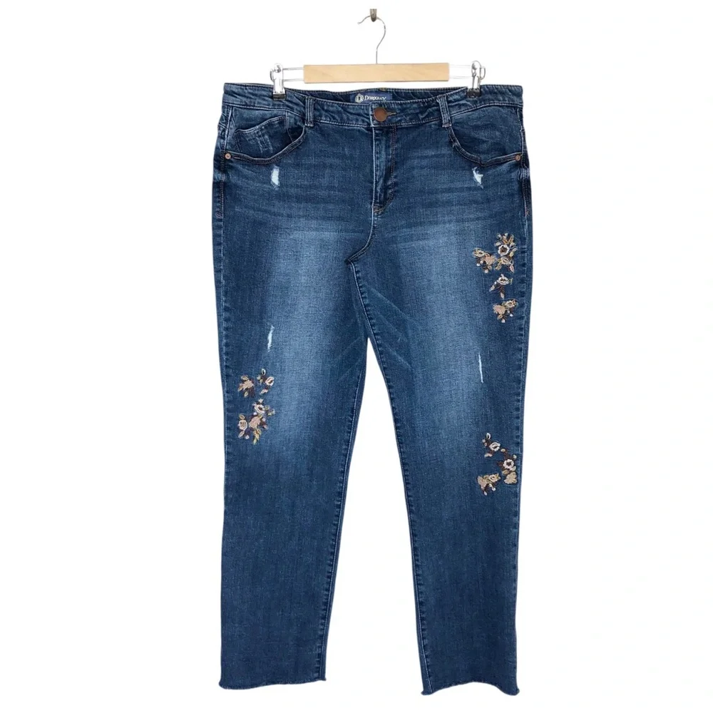 Democracy Flex-ellent Cotton Blend Blue Distressed Raw Hem Embroidered Jeans 16